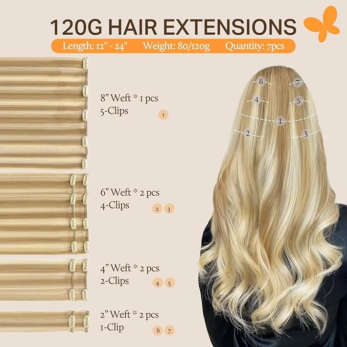 DOORES Hair Extensions Clip in Human Hair, Balayage Dark Blonde Highlighted Bleach Blonde 100g 7pcs 14 Inch, Remy Straight Weft Real Natural Hair Extensions