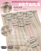 Moresoo Clip in Hair Extensions Remy Double Weft Human Hair Clip in Extensions Straight Hair Extensions for Women Ash Blonde Highlight with Blonde 7pcs 120g 24inch