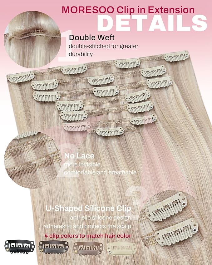 Moresoo Blonde Highlight Clip in Hair Extensions Ash Blonde with Bleach Blond Remy Clip in Human Hair Extensions Straight Double Weft 120g/7pcs 18 inch