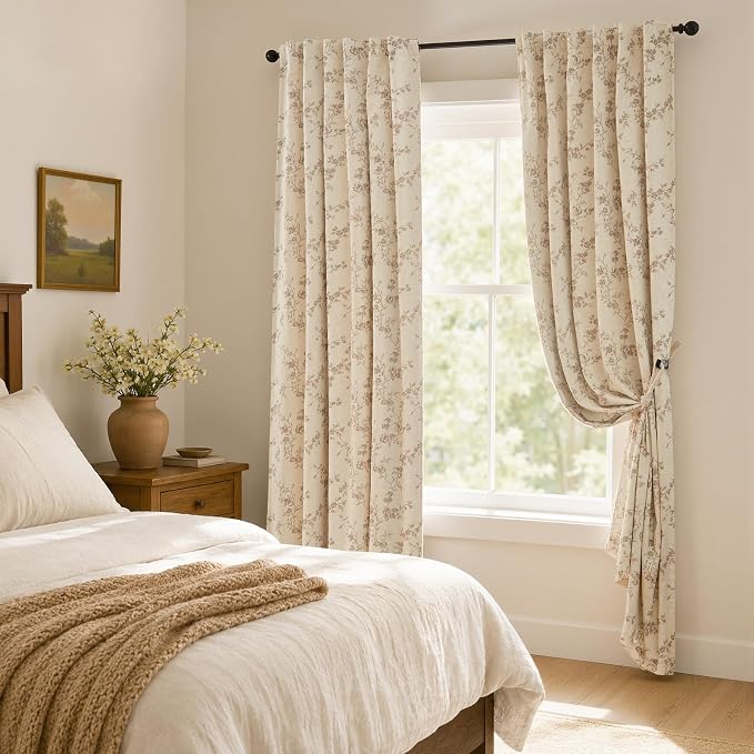 Blackout Vintage Floral Linen Curtains Taupe on Beige 50×96 2 Panels | Elisa - Image 6