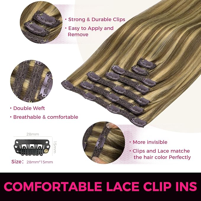 Lashey Human Hair Extensions Real Clip ins 22 Inch 120g 7pcs Long Straight Hair Balayage Ash Brown to Honey Blonde Clip in Hair Extensions Soft Hair Extensions