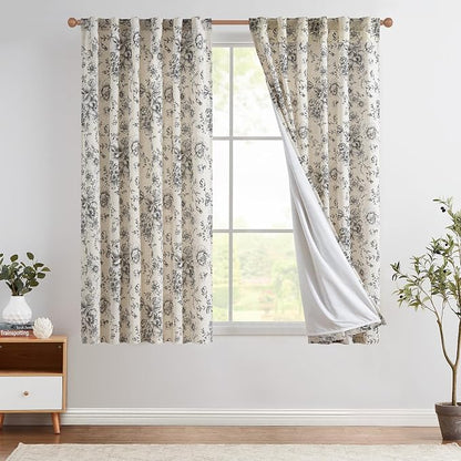 jinchan Black Floral Linen Curtains Lined 63 Inch Vintage Back Tab 2 Panels | by JINCHAN
