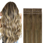 GOO GOO Invisi Edge Tape in Hair Extensions Human Hair, 3/8/613 Balayage Walnut Brown to Ash Brown and Bleach Blonde, 6pcs 12inch 15g, Virgin Remy Hair, Seamless Injected Tape, Natural Look