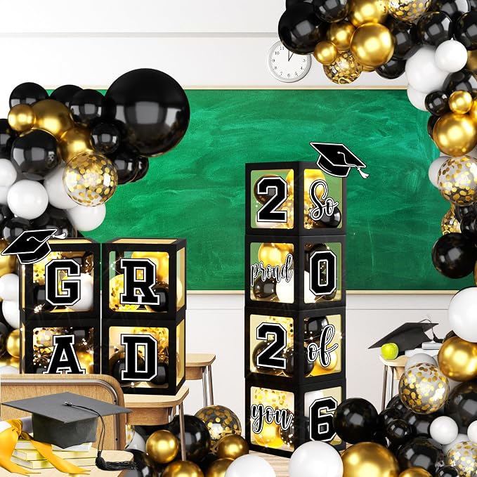 2026 Graduation Decorations Black and Gold Grad Balloon Boxes - Image 6