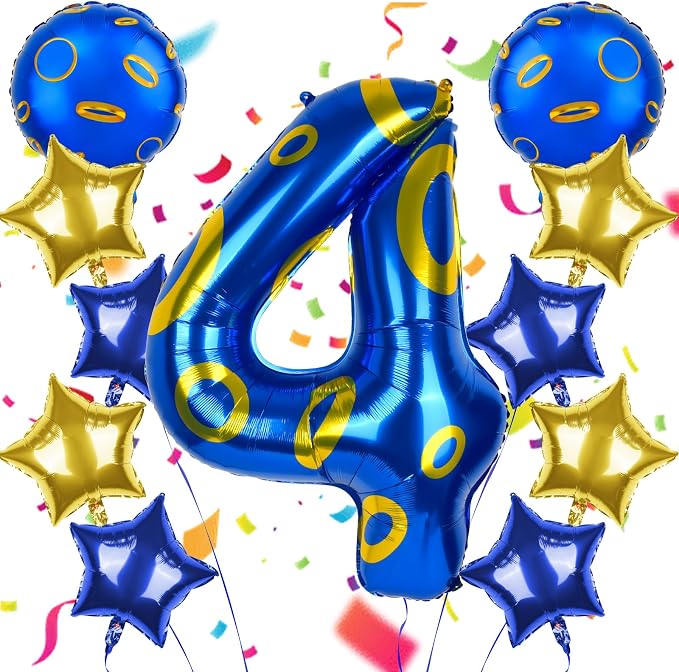 40 Inch Blue and Golden Ring Themed Number Balloon, Number Block Foil Number 4 by AXBMM