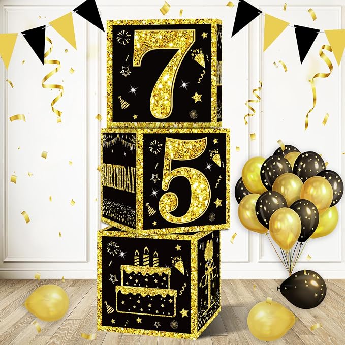 Eiurteao 3pcs Black Gold 75th Birthday Decorations Boxes by Eiurteao
