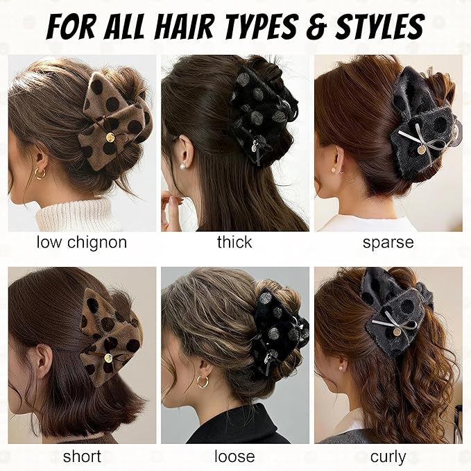 3Pcs Large Plush Hair Claw Clips for Thick Hair, 5.3 Inch Fuzzy Faux Fur Jaw Clips, Cute Polka Dot Hair Catch Barrettes with Bow Ribbon, Non Slip Strong Hold Winter Hair Accessories for Women Girls