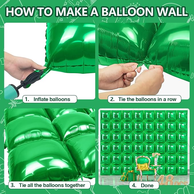 NISOCY 48PCS Metallic Green Square Foil Balloons Wall Backdrop | Double Sided - Image 4