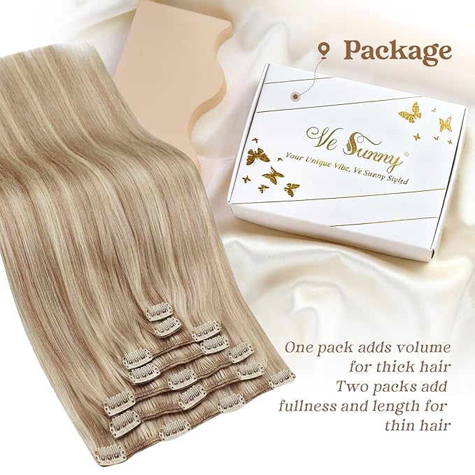 Ve Sunny Clip in Hair Extensions Real Human Hair Highlights Human Hair Clip in Extensions Dark Ash Blonde Highlights Light Blonde Human Hair Extensions Clip ins for Women Quick-Apply 5pcs 12inch 80g