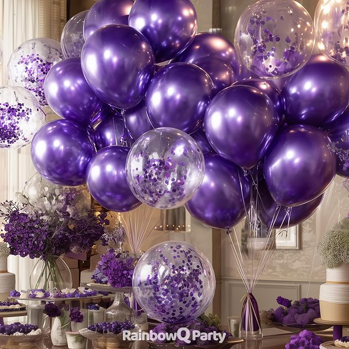 RainbowQ Metallic Purple Balloons 55Pcs 12 Inch Confetti Helium | Chrome Purple - Image 6