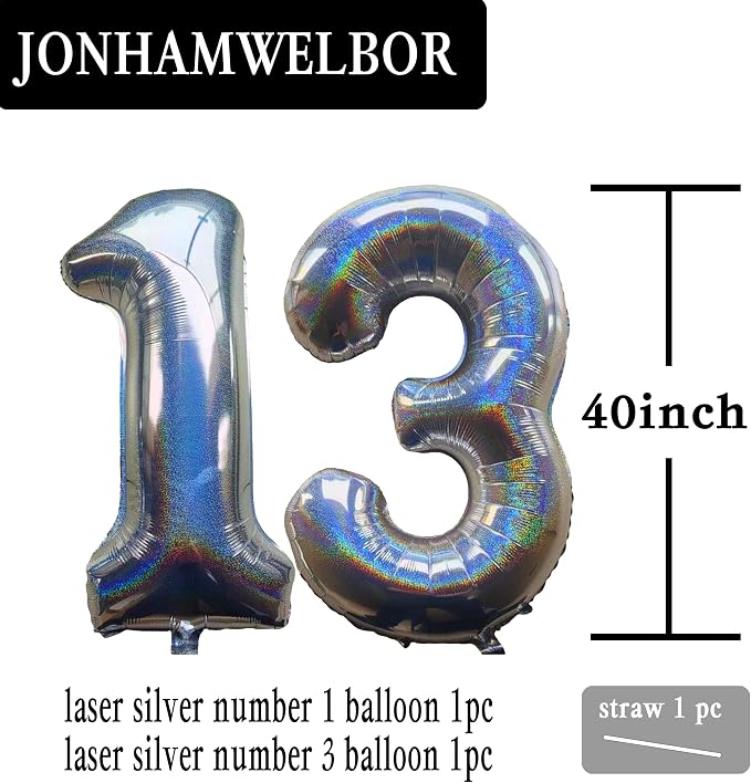 Jonhamwelbor 40 Inch Laser Silver 13 Balloon Numbers Foil Mylar Giant Balloon - Image 2