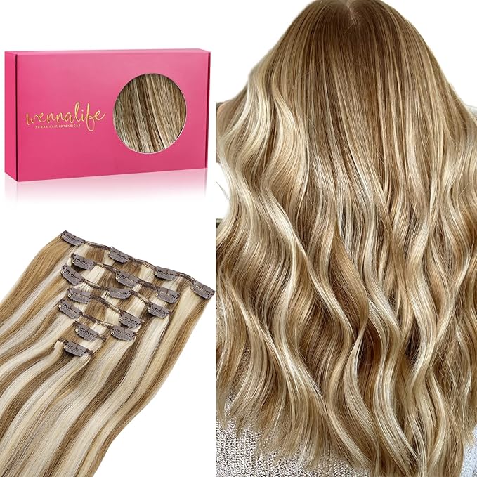 WENNALIFE Clip in Hair Extensions Real Human Hair, 24 Inch 120g 7pcs Ash Brown with Platinum Blonde Highlights Hair Extensions Clip in Human Hair Remy Straight Natural Extensiones