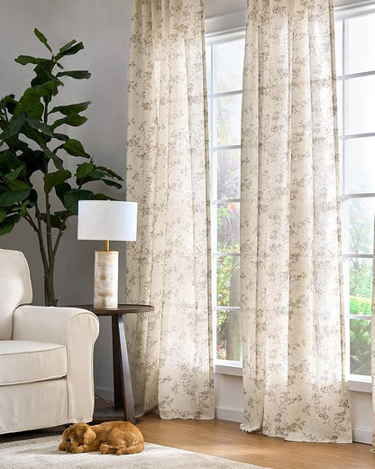 jinchan Taupe Floral Linen Curtains 84 Inch Farmhouse Back Tab 2 Panels | - Image 6