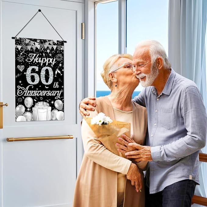 60th Anniversary Decorations Small Banner Black Silver Happy 60th Anniversary - Image 5