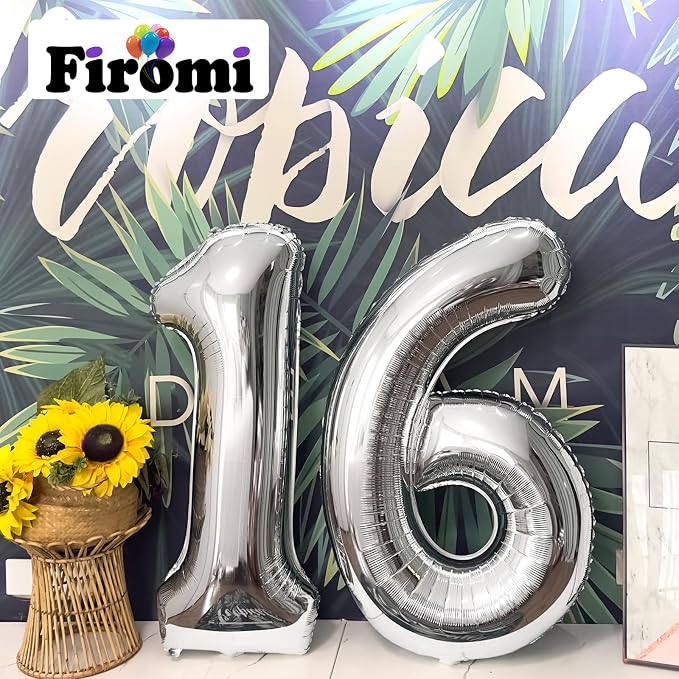 FIROMI 16 Number Balloons Silver Big Foil Mylar 61 Balloon Numbers 40-inch | - Image 4