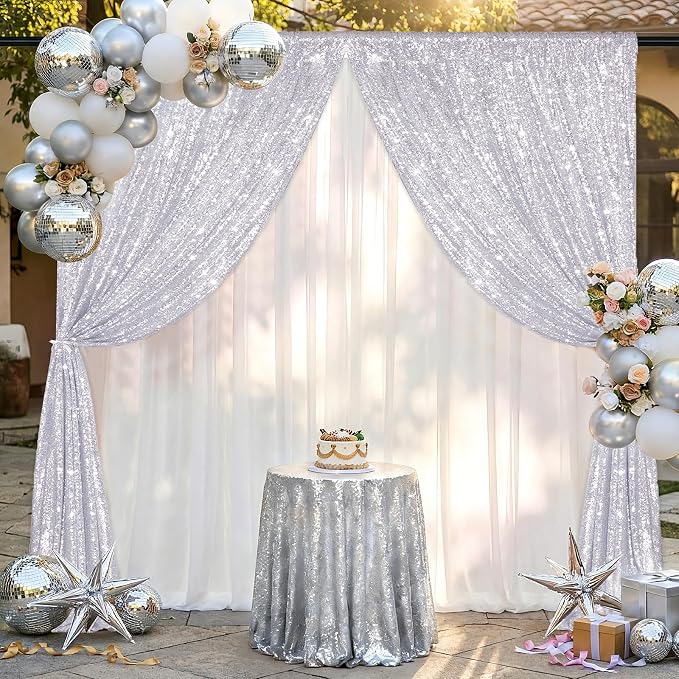 Silver Backdrop Curtains 2 Pieces 5FTx10FT Sequin Backdrop Decor - Image 2