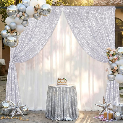 Silver Backdrop Curtains 2 Pieces 5FTx10FT Sequin Backdrop Decor - Image 2