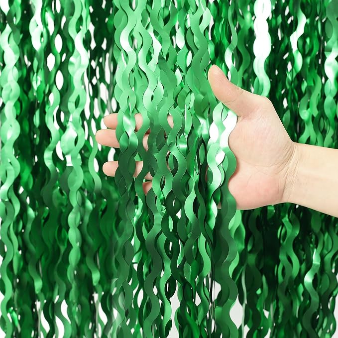 4Pcs Wavy Green Fringe Backdrop -3.3x6.6ft Green Streamer Foil Curtains - Image 2