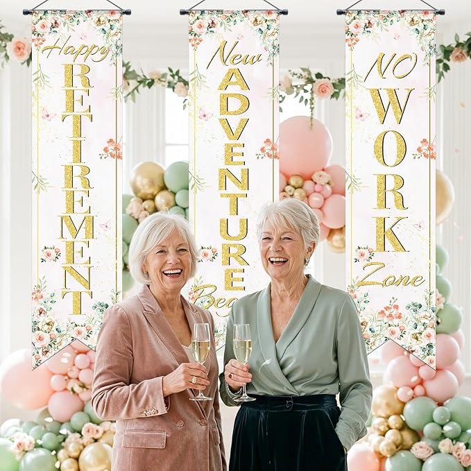 3Pcs Retirement Porch Sign Door Hanging Banner Floral Happy Retirement Banner - Image 5
