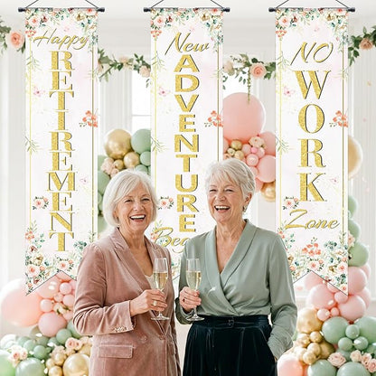 3Pcs Retirement Porch Sign Door Hanging Banner Floral Happy Retirement Banner - Image 5