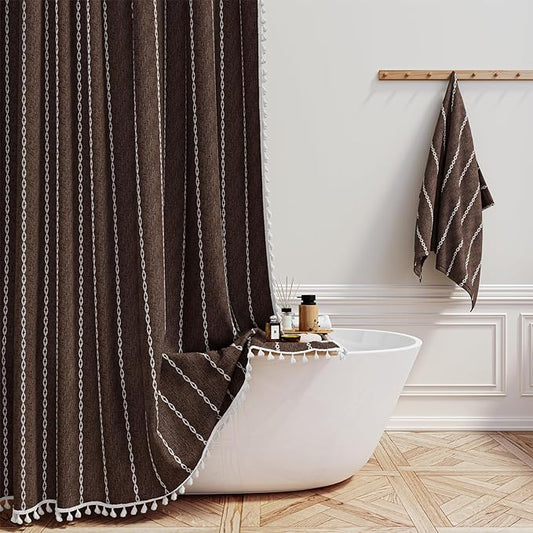 72x96 Extra Long Boho Linen Heavy Duty Cloth Shower Curtain Set, 330GSM Linen by ShowerCurtain