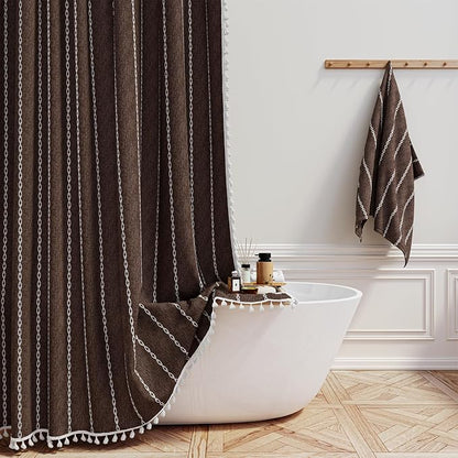 Brown Boho Farmhouse Linen Heavy Duty Cloth Shower Curtain Set, 72x72 | 330GSM by ShowerCurtain