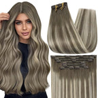 Full Shine 18 Inch Real Hair Extensions Clip in Human Hair Ombre Ash Brown to Blonde Straight Hair Extension Clip ins 7 Pcs 120 G