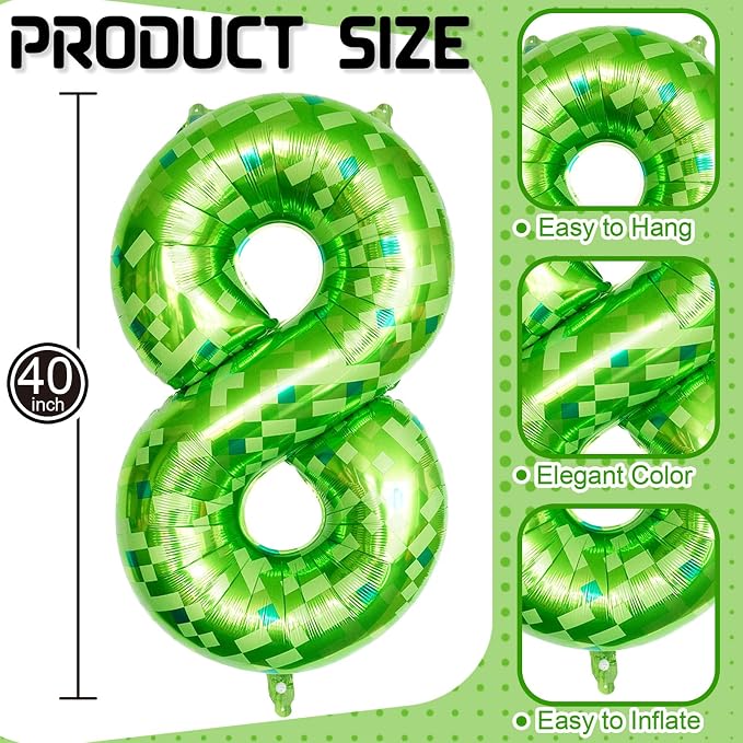 Number 8 Balloons 40 Inch, Gaint Cartoon Lime Green Pixel 8 Balloon Number - Image 2