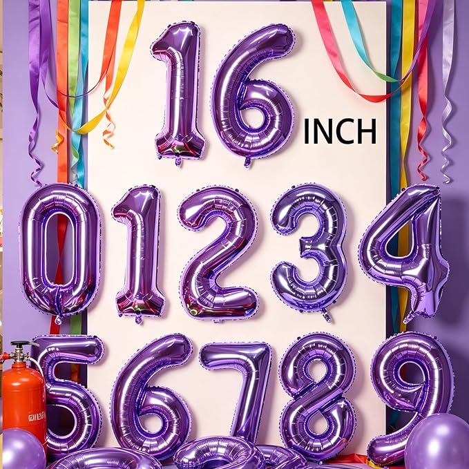 2 Set 20 Pcs Number Balloons 16 Inch Purple 0-9 Number Mylar Foil Balloons - Image 2