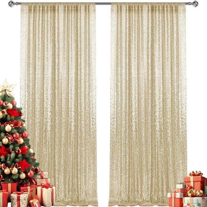 2×8FT-2PCS Champagne Gold Sequin Backdrop Curtains Panels, Photography Backdrop - Image 7