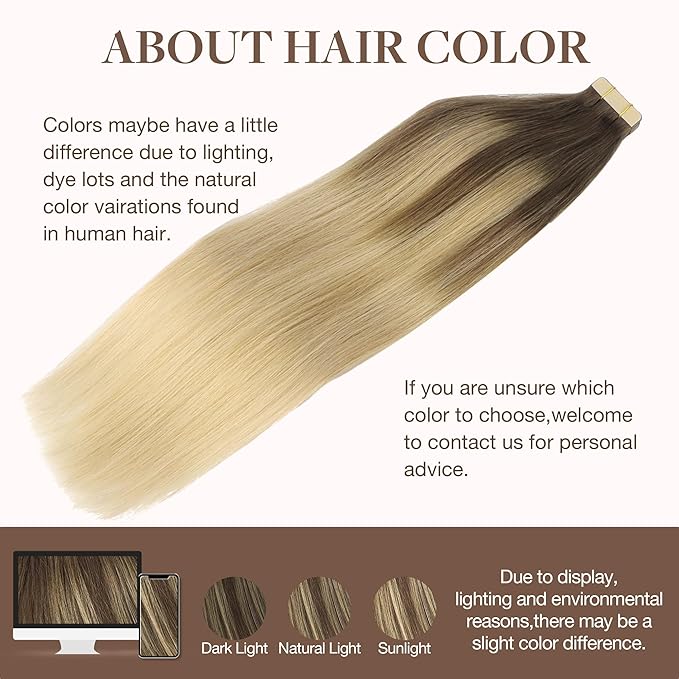 GOO GOO Tape in Hair Extensions Human Hair, 4/18 Balayage Chocolate Brown Highlighted Dirty Blonde, 14inch 100g 40pcs, Skin Weft Seamless Invisible, Silky Straight with Thick Ends, Remy Human Hair