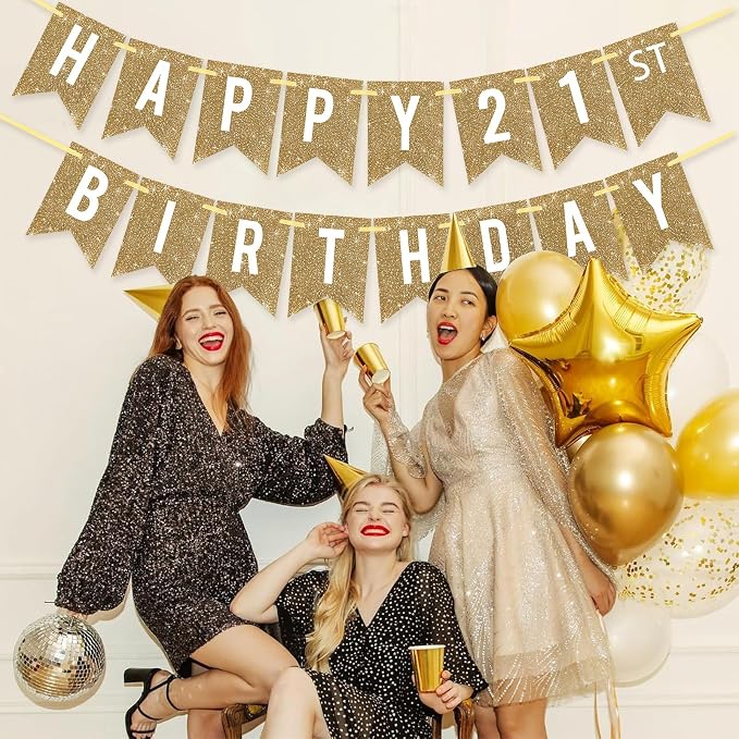 Netnology Pre-Strung Gold Glitter 21st Happy Birthday Banner Decorations | 12 - Image 5