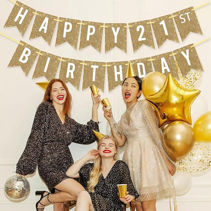 Netnology Pre-Strung Gold Glitter 21st Happy Birthday Banner Decorations | 12 - Image 5
