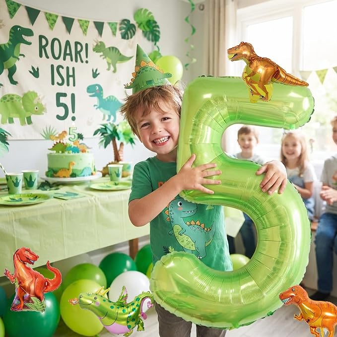 Dinosaur 5th Birthday Decorations 40 Inch Giant Green Number 5 Foil Balloon | - Image 4
