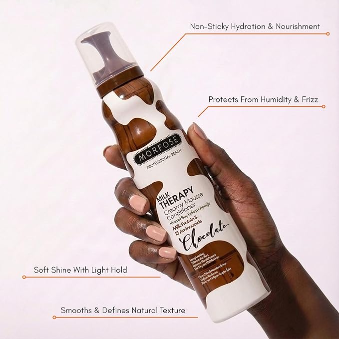 Morfose Milk Therapy Mousse Conditioner Spray, Moisturizing Treatment for Dry, Damaged, Brittle Hair, Restore Softness and Shine (6.76 Fl Oz (Pack of 1), Chocolate)