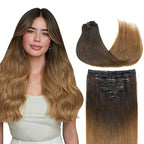 GOO GOO Clip in Hair Extensions Real Human Hair, Remy Human Hair Extensions Clip ins for Women, Natural Human Hair, 20inch 120g 7Pcs, 1D/2C/4E Chocolate Dip Color Melt
