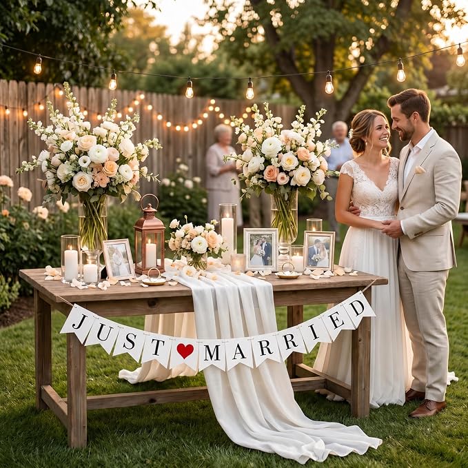 Just Married Banner Pre-strung Wedding Banner Bunting Photo Booth Props Garland - Image 4