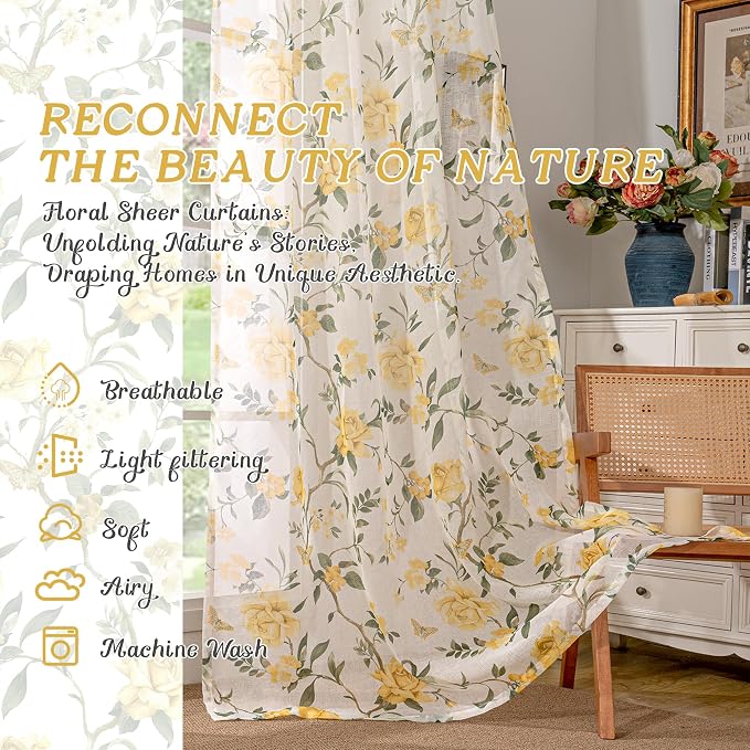 Floral Sheer Curtains for Bedroom Window 72 Inch Length 2 Panels, Farmhouse - Image 2