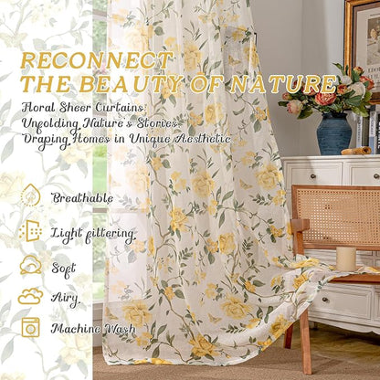 Floral Sheer Curtains for Bedroom Window 72 Inch Length 2 Panels, Farmhouse - Image 2