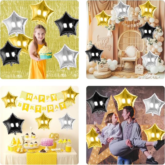 Black Gold Silver Star Foil Balloons, 18 Inch Metallic Black and Gold Stars - Image 7