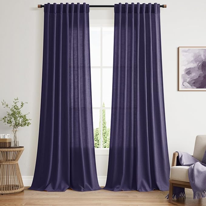 Purple Linen Blend Light Filtering Back Tab Curtains 108 Inches Long, Semi by Nanspring