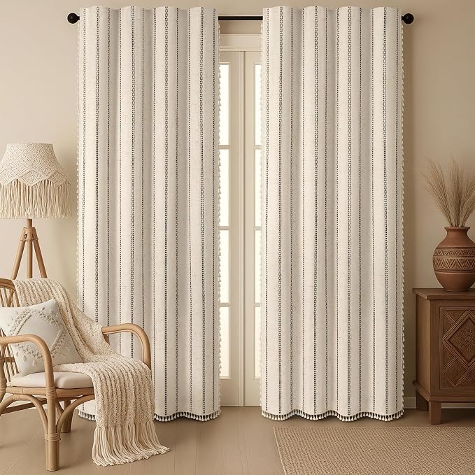 Beige 100% Boho Blackout Curtains 84 Inch 2 Panels - Image 2