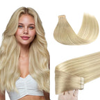 GOO GOO Tape in Hair Extensions Human Hair, 18ET90A Natural Blonde Balayage, 14inch 50g 20pcs, Skin Weft Seamless Invisible, Silky Straight with Thick Ends, Remy Human Hair