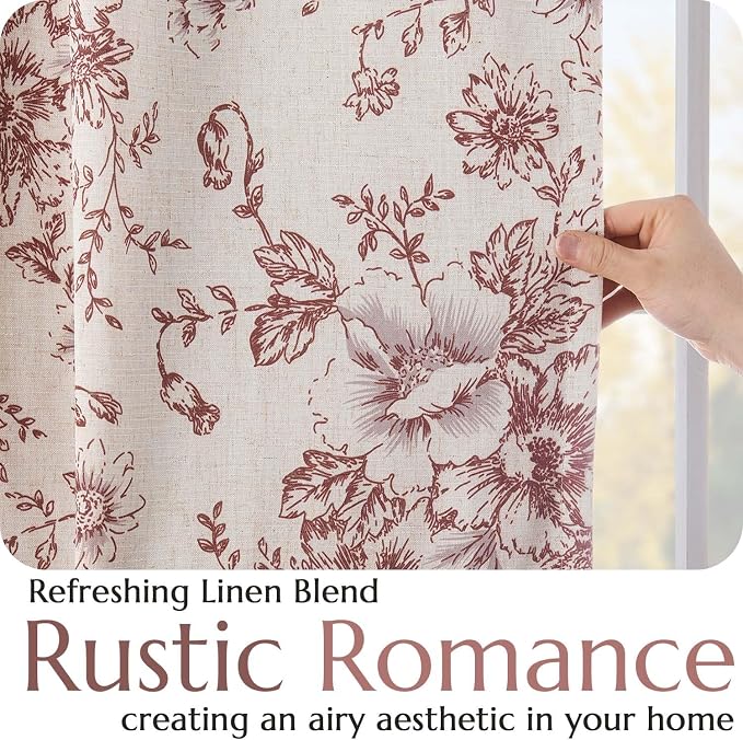 jinchan Red Floral Linen Blackout Curtains Lined 90 Inch Back Tab 2 Panels | - Image 5