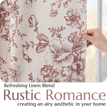 jinchan Red Floral Linen Blackout Curtains Lined 90 Inch Back Tab 2 Panels | - Image 5