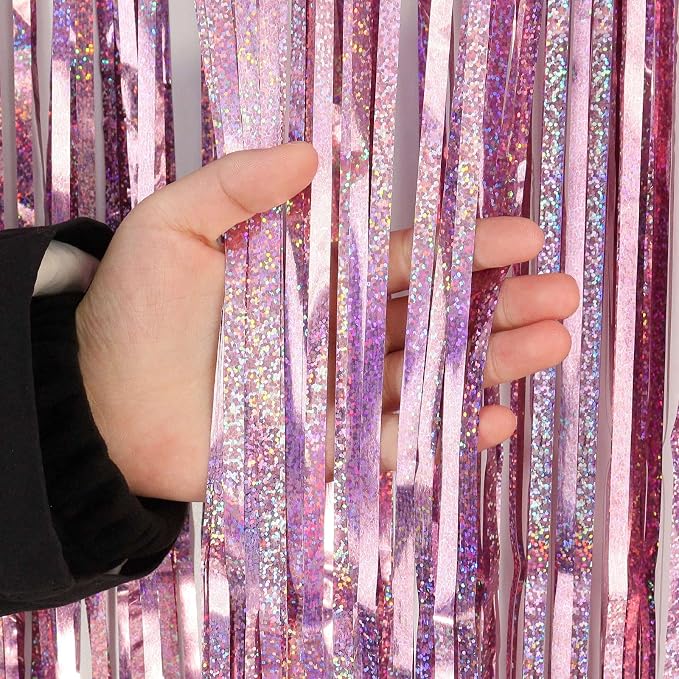 Pink Tinsel Foil Fringe Curtain Backdrop, 3.3 x 8.2 ft Metallic Glitter Curtain - Image 7