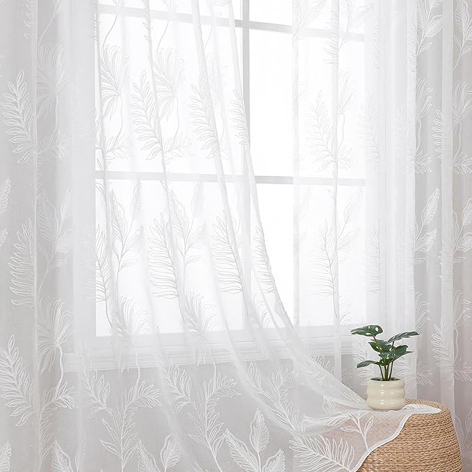 White Sheer Curtains Embroidered Leaf 2 Panels 63 Inches Long | Light Filtering by VISIONTEX