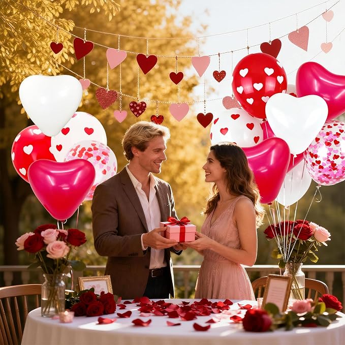 Red and White Heart Balloons, Mothers Day Balloons Heart Shaped Confetti Latex - Image 3