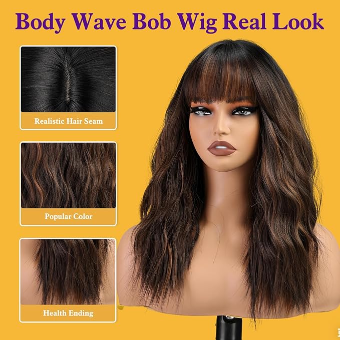 Ombre Brown Wig with Bangs,Black mix Brown Highlight Wavy Wigs for Women,Shoulder Length Curly Synthetic Hair Wig for Party Daily Use 18IN…