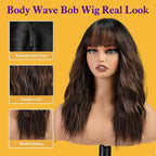 Ombre Brown Wig with Bangs,Black mix Brown Highlight Wavy Wigs for Women,Shoulder Length Curly Synthetic Hair Wig for Party Daily Use 18IN…